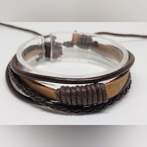 Men's leather‎ bracelet braided layered brown new e50